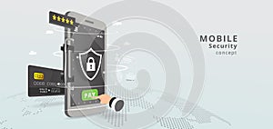 Mobile payment concept  banner. Security and protection contactless payment or via mobile phone. Shopping through smartphone.