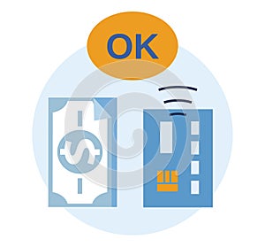 Mobile payment concept with a dollar bill and credit card. Digital transaction approval vector illustration. NFC