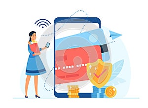 Mobile payment concept flat vector illustration. Secured money transactions