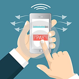 Mobile payment concept. Hand holding a phone. Smartphone wireless money transfer. Flat design. Vector illustration