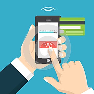 Mobile payment concept. Hand holding a phone. Smartphone wireless money transfer. Flat design. Vector illustration