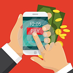 Mobile payment concept. Hand holding a phone. Smartphone wireless money transfer. Flat design. Vector illustration