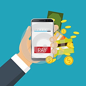 Mobile payment concept. Hand holding a phone. Smartphone wireless money transfer. Flat design. Vector illustration