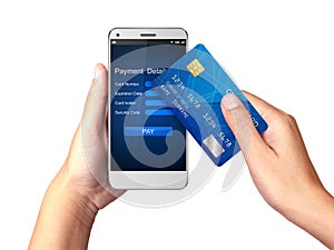 Mobile payment concept, Hand holding Smartphone with processing of mobile payments from credit card