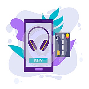 Mobile Payment concept with illustration of smartphone, credit card. Flat design style vector illustration of modern smartphone