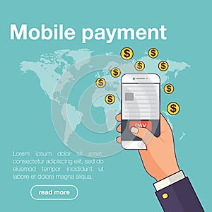 Mobile payment concept. Man holding phone. Vector illustration