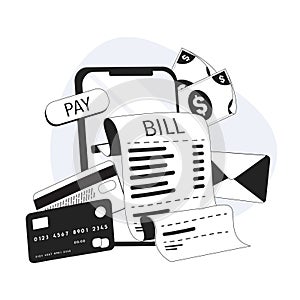 Mobile payment concept. Phone laying down on bill heap. Payment of utility, bank, restaurant and other. Modern Vector.