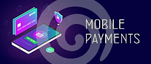 Mobile payment concept - a smartphone with attached bank cards for secure payment transaction of the online store basket order