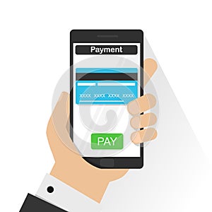 Mobile payment credit card, hand holding phone, flat design vector.