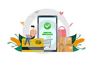 Mobile payment, e-commerce market shopping online payment concept vector flat illustration template