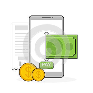 Mobile payment flat design style vector illustration, smartphone on the screen shows the dolars