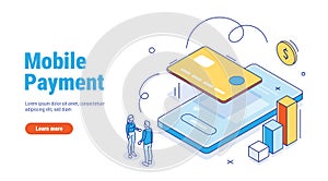 Mobile payment isometric outline business concept. Banking or financial transactions. People near a smartphone with a