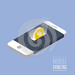 Mobile payment - isometric smartphone and coin as moneybox
