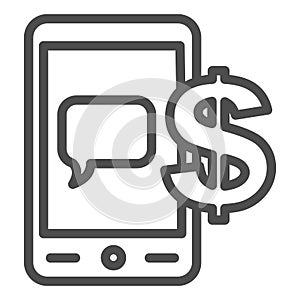 Mobile payment line icon. Smartphone with dollar, bill message symbol, outline style pictogram on white background