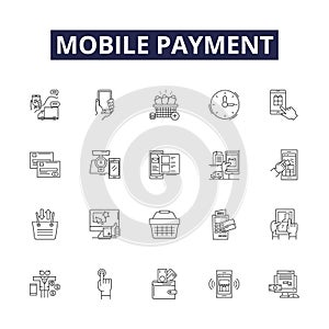 Mobile payment line vector icons and signs. Wallet, mCommerce, NFC, Cashless, Biometrics, Fingerprint, Tokenization, Pay