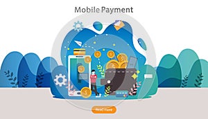 mobile payment or money transfer concept. E-commerce market shopping online illustration with tiny people character. template for