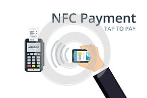 Mobile Payment and NFC technology concept. Pos terminal confirms payment from smartphone. Flat style illustration.