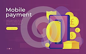 Mobile payment online banking concept. Gold bank building. Web banner.