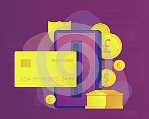 Mobile payment online banking concept. Gold bank building. Web banner or poster.