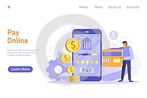 Mobile payment online. Tiny man transfer money and using credit card. Vector flat illustration. Online payment concept.