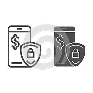 Mobile payment protection line and glyph icon. Pay safety vector illustration isolated on white. Digital money secure
