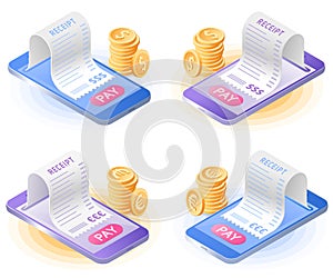 The mobile payment with smartphone. Flat vector isometric illustration set