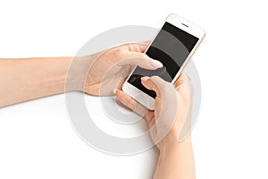 Mobile payment. Woman holding smartphone in female hand with empty blank screen isolated on white background. Cellphone, phone