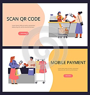 Mobile payments banners set with people using QR code flat vector illustration.