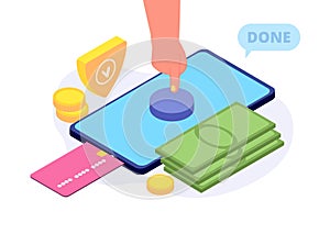 Mobile payments. Hand press button on smartphone screen isometric concept. Financial and banking, money cash and credit