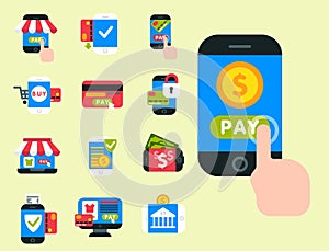 Mobile payments icons vector smartphone transaction ecommerce wallet wireless connection banking card credit pay.