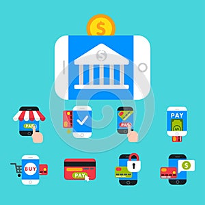 Mobile payments icons vector smartphone transaction ecommerce wallet wireless connection banking card credit pay.