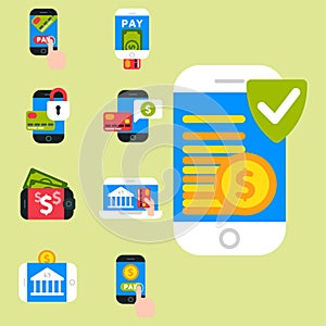 Mobile payments icons vector smartphone transaction ecommerce wallet wireless connection banking card credit pay.