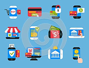 Mobile payments icons vector smartphone transaction ecommerce wallet wireless connection banking card credit pay.