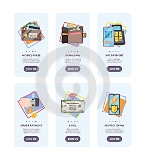 Mobile payments onboarding pages. Web user interface design banners with concept pictures of online banking nfc payment