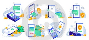 Mobile payments. Online sending money from mobile wallet to bank card, golden coins transfer app and e payment vector illustration