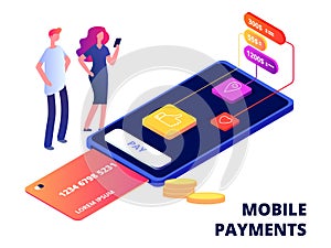 Mobile payments. Smartphone banking app, data protection and security devices vector illustration