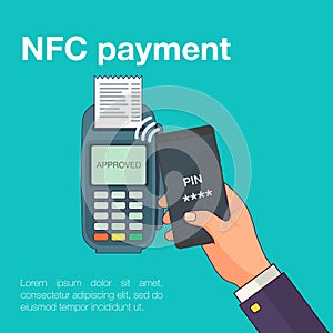 Mobile payments with smartphone. Near field communication payment terminal concept. Online transactions, paypass and NFC