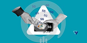 Mobile payments, technology, and connectivity. Hand inserting 100 dollars into smartphone, with 5G symbols emanating