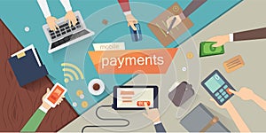 Mobile payments vector illustration. mobile banking or online banking. Human hands. Overhead. colorful set.