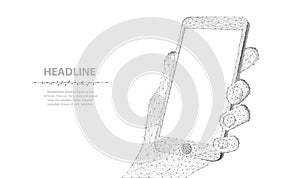 Mobile phone. Abstract polygonal wireframe closeup phone with blank white empty screen in holding man hand isolated on