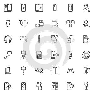 Mobile phone accessories line icons set