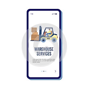 Mobile phone app for warehouse services with yellow forklift carrying cargo.