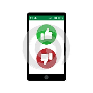 Mobile phone. App window. Chating concept. Green and red thumbs up and down buttons. Feedback emoji icon illustration.