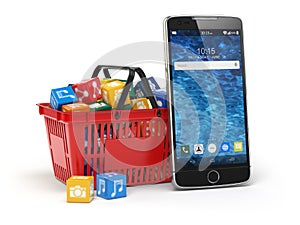 Mobile phone application software icons in the shopping basket