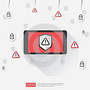 mobile phone with attention warning alert sign with exclamation mark symbol on screen. shield line icon for Internet VPN Security