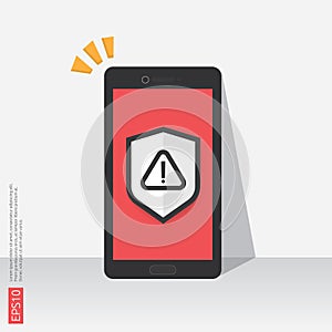 mobile phone with attention warning alert sign with exclamation mark symbol on screen. shield line icon for Internet VPN Security