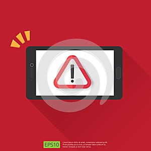 mobile phone with attention warning alert sign with exclamation mark symbol on screen. shield line icon for Internet VPN Security