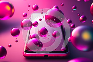 Mobile phone background with floating magenta spheres,  cell phone technology with copy space