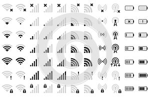 Mobile phone bar icons. Smartphone battery charge level, wifi signal strength icon and network connection levels