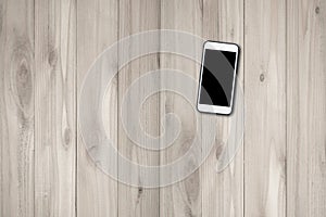 Mobile phone with black screen mock up on wood photo